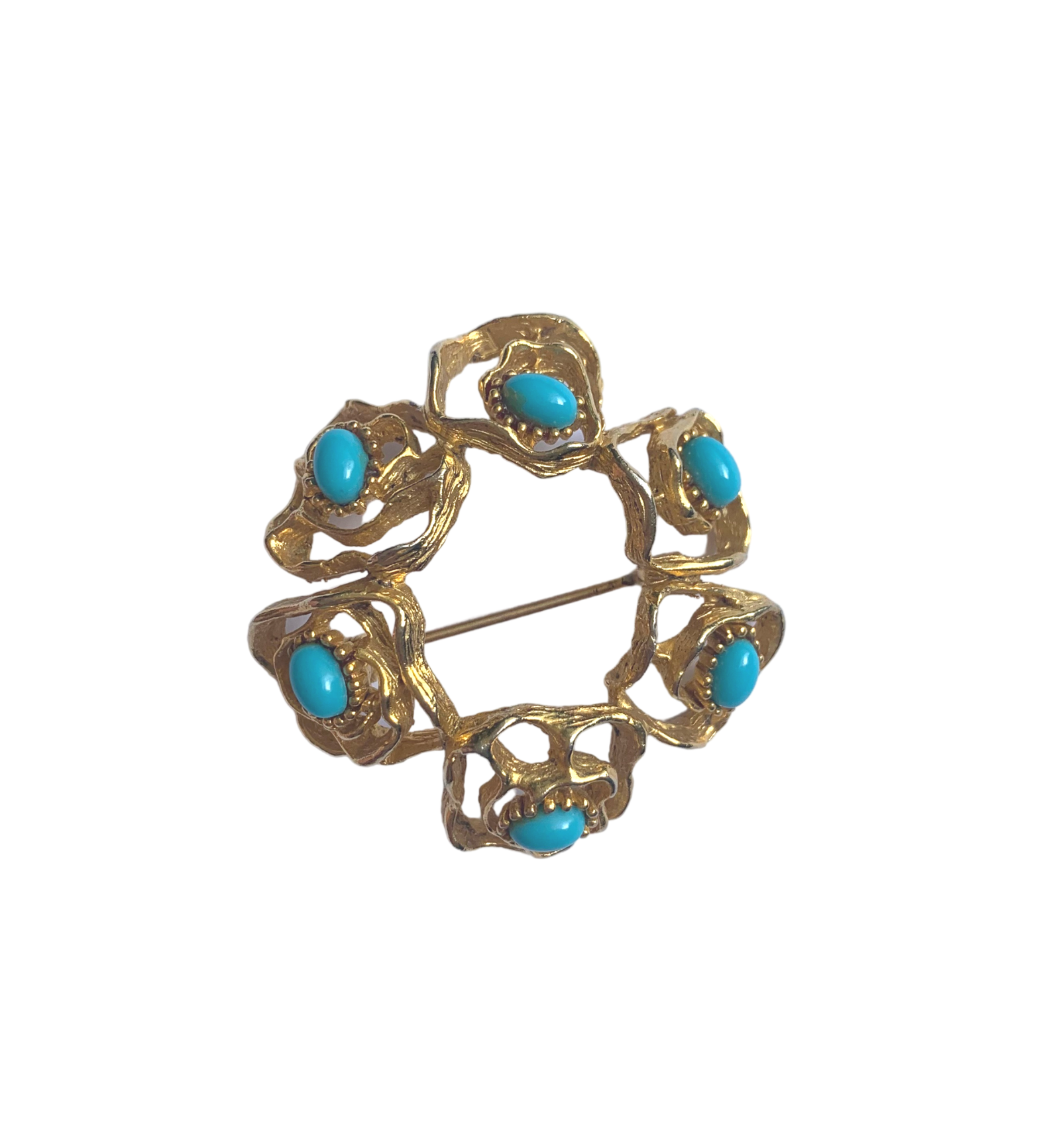 Vintage Floral Turquoise Bead & Gold Tone Brooch