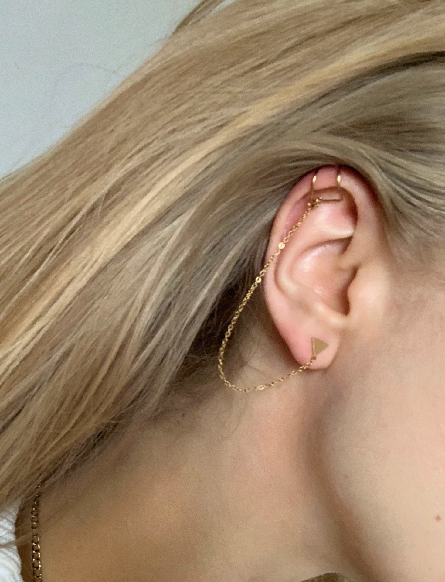 14K Gold Plated Triangle Ear Stud With Chain & Ear Cuff