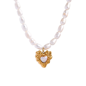 Mother Of Pearl Necklace With Gold Melting Heart Drop